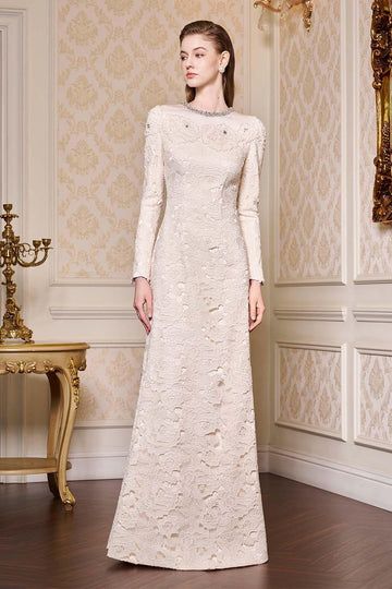 Monroe A-line Round Neck Silk Lace Floor Length Dress | MEAN BLVD Elegant A-line Lace Dress With Lace Trim, Elegant Beige A-line Lace Dress, Elegant A-line Lace Evening Dress, Formal A-line Lace Dress With Lace Sleeves, Elegant A-line Evening Dress With Sweep Train, Elegant Cream A-line Evening Dress, Luxury Beige Evening Dress For Wedding, Elegant A-line Dress With Sweep Train, Elegant A-line Wedding Dress For Banquet