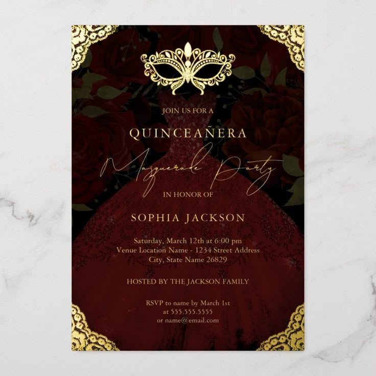 Masquerade Party Red Gold Mask Dress Quinceanera Foil Invitation ...