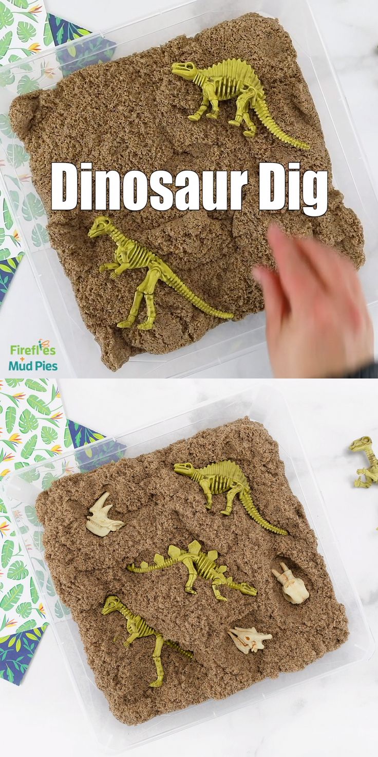 the dinosaur dig is made out of sand and plastic