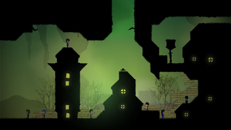 an animated image of some buildings and people in the dark night with green light coming from their windows