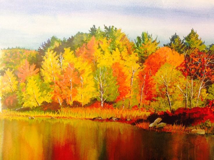 an oil painting of trees and water in the fall