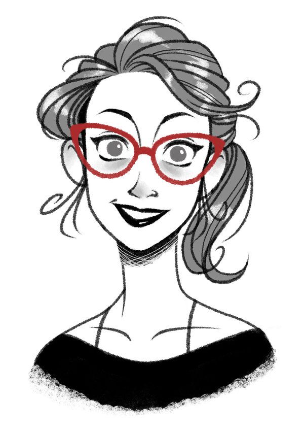 a drawing of a woman wearing red glasses