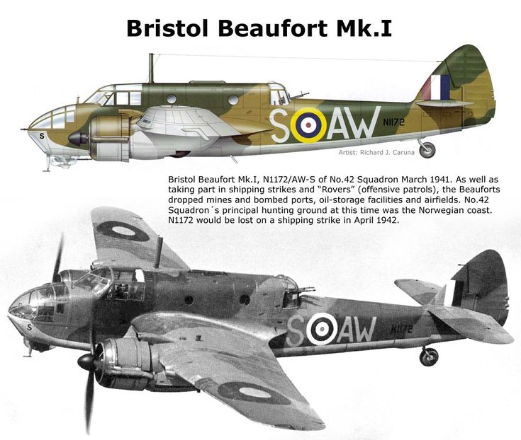 an old airplane is shown in three different colors and sizes, with the words bristol beaufort m l on it