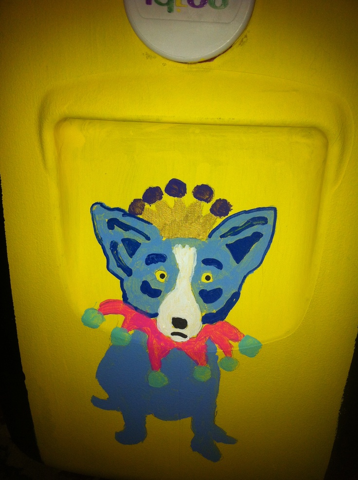 a painting of a blue dog with a crown on it's head sitting on top of a yellow box