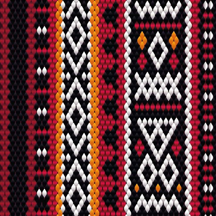 a cross stitch pattern in red, orange and black colors with white dots on it