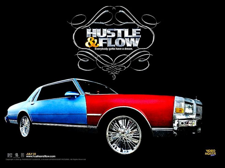 an advertisement for a car that has been painted red, blue and white with the words hustle & flow on it