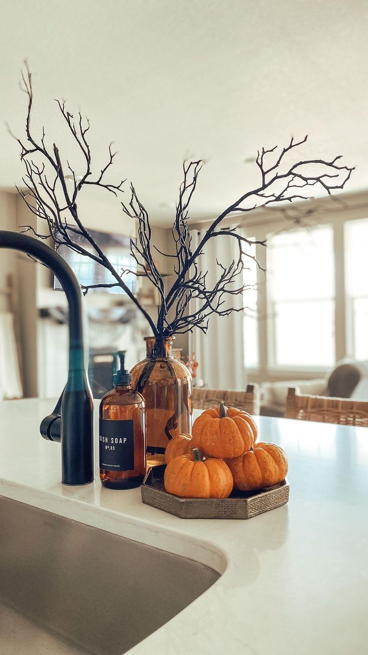 a kitchen counter with bottles and pumpkins on it