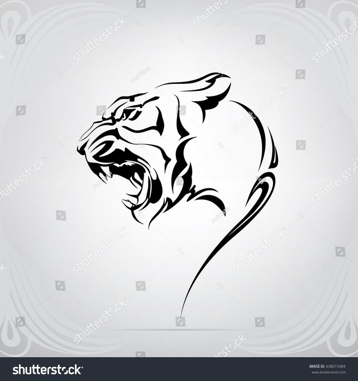 a black and white drawing of a lion's head with open mouth on a gray background