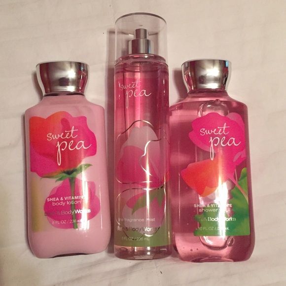 Sweet Pea - Bath & Body Works Sweet Pea fragrance mist, body lotion, and shower gel. Smells amazing! Never been opened. Brand New Bath & Body Works Other Pink Bath And Body Works, Mermaid Aesthetic, Bottle Accessories, Fragrance Mist, Smells Amazing, Sweet Pea, Bath Body Works, Body Spray, Shower Gel