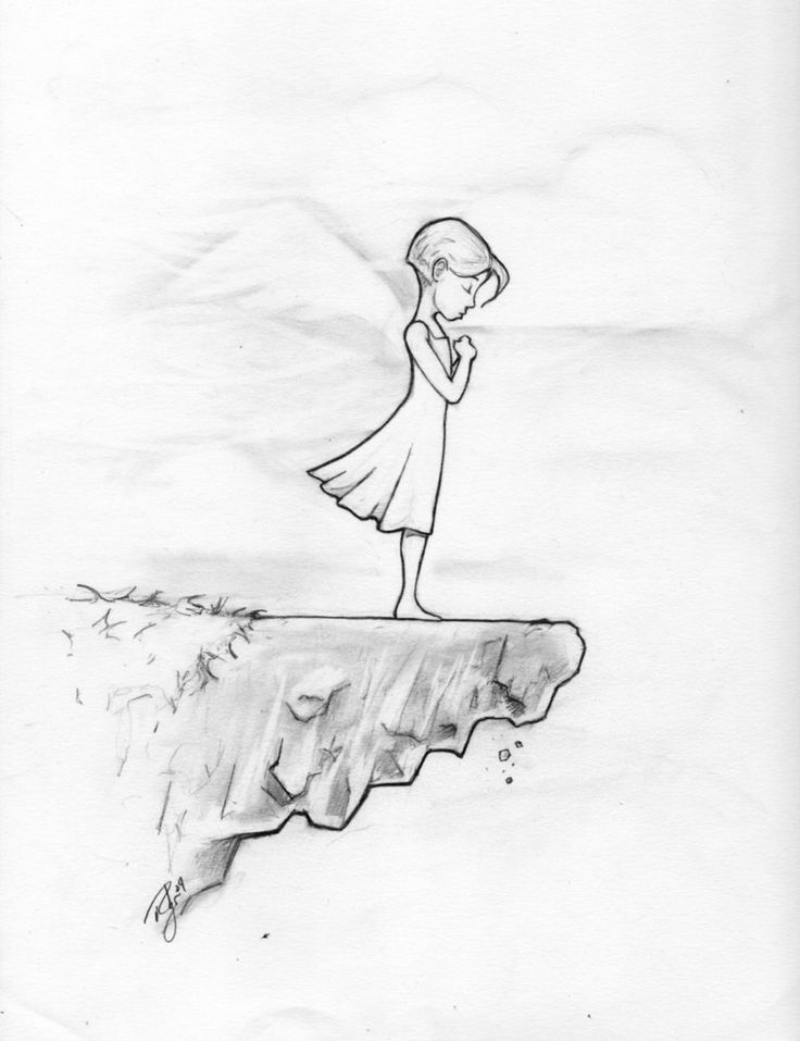 a drawing of a girl standing on top of a cliff looking at the sky with her head in her hands