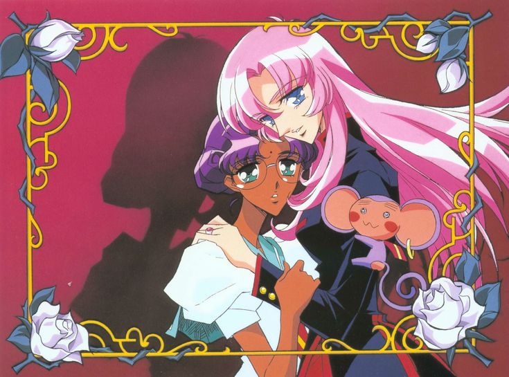 two anime characters standing next to each other in front of a pink background with flowers