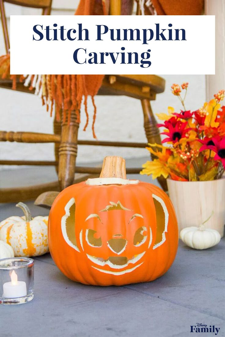 an orange pumpkin sitting on top of a table next to flowers and vase with the words stitch pumpkin carving