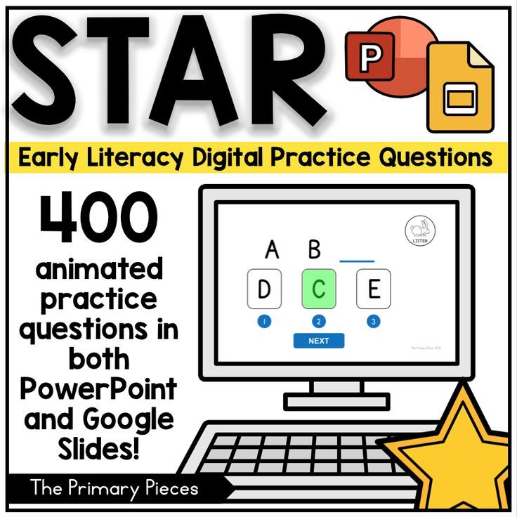 a poster with an image of a laptop and star on the screen, which reads early literacy digital practice questions