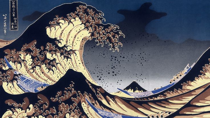 an artistic painting of the great wave in blue and yellow