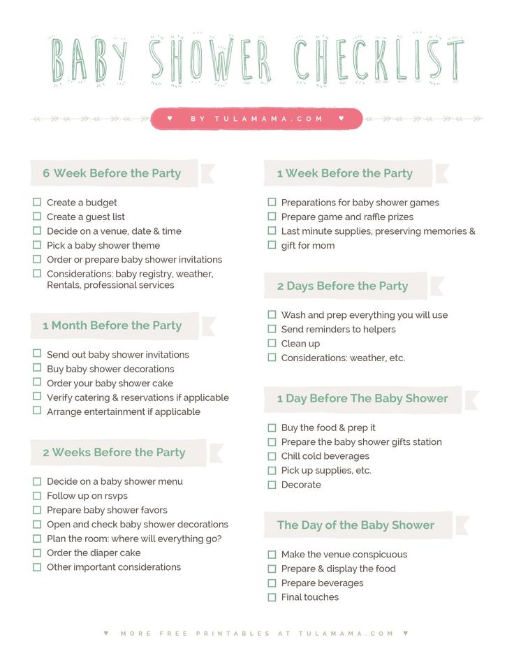 the baby shower checklist is shown in green, pink and white with an arrow pointing to