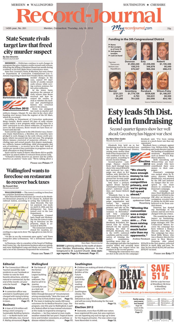 the front page of a newspaper with an image of a lightning bolt in the sky