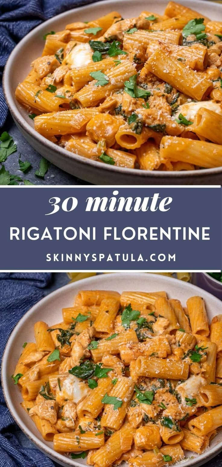 two plates filled with rigatoni pasta and topped with parsley on the side