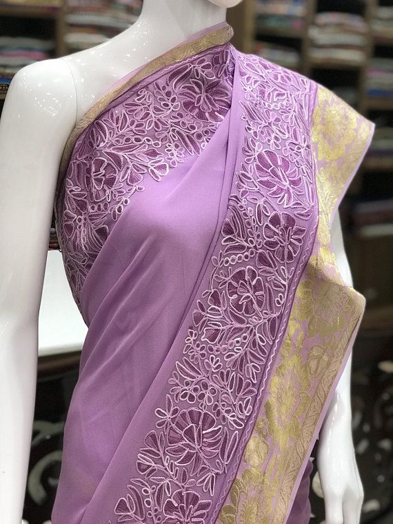 Viscose Georgette Aari Embroidered Kashmiri Saree Women Festive Embroidered Cotton Silk Pre-draped Saree, Embroidered Cotton Silk Pre-draped Saree For Party, Elegant Embroidered Pre-draped Georgette Saree, Festive Pre-draped Embroidered Cotton Silk Saree, Festive Embroidered Pre-draped Cotton Silk Saree, Embroidered Cotton Silk Pre-draped Saree For Navratri, Elegant Pre-draped Saree With Chikankari Embroidery For Navratri, Cotton Silk Blouse Piece With Resham Embroidery For Party, Party Blouse Piece With Resham Embroidery In Cotton Silk