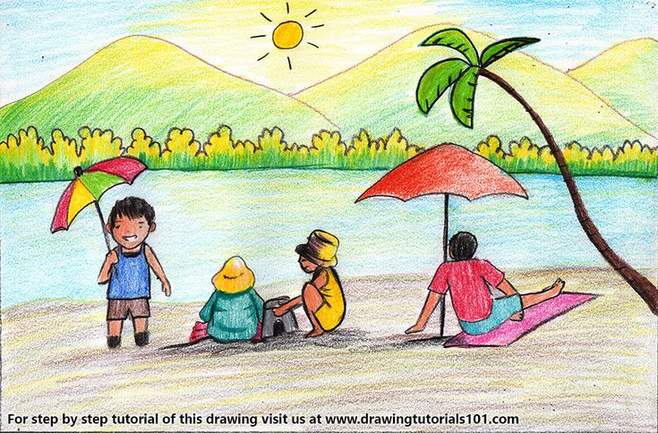 children on the beach drawing with colored pencils