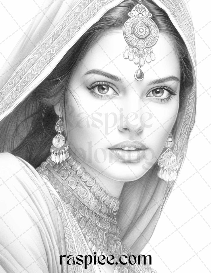 50 Beautiful Indian Women Grayscale Coloring Pages for Adults, Printab ...