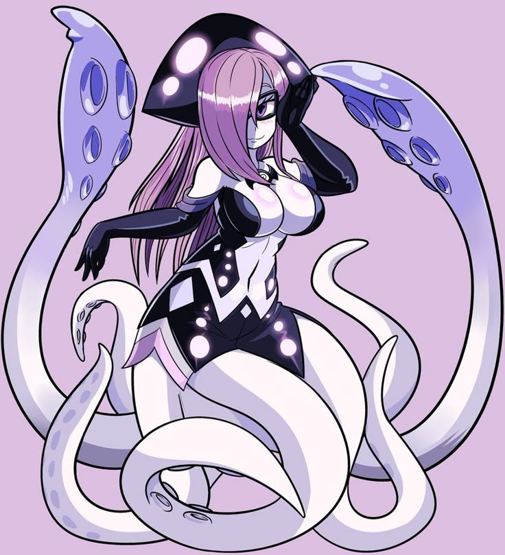 an anime character with long hair and purple hair is sitting on a large white snake