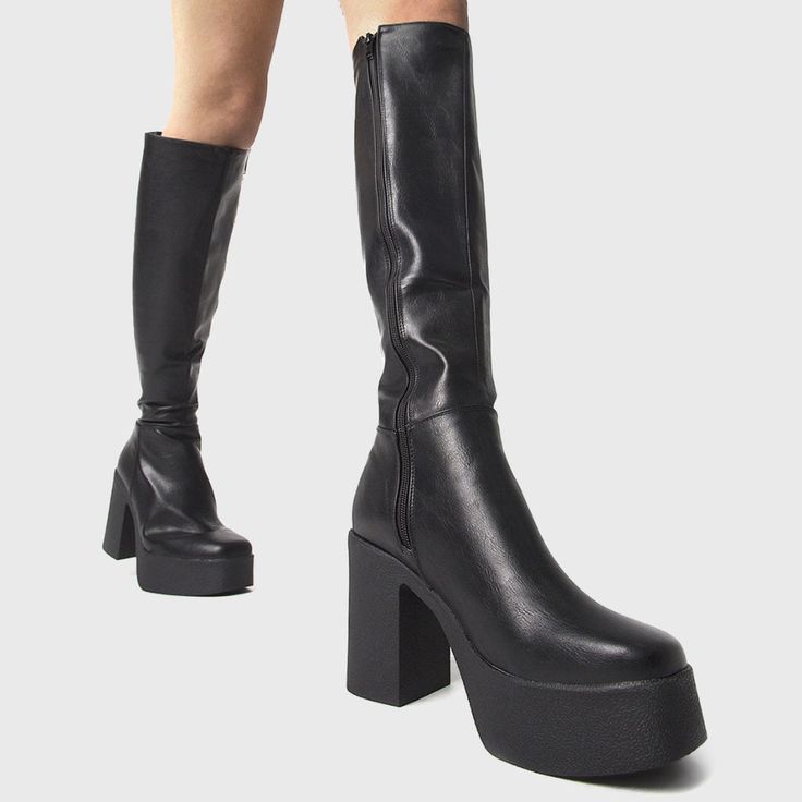 Spring Knee-high Heeled Boots, Sleek Block Heel Platform Boots For Fall, Sleek Platform Boots With Block Heel For Fall, Spring Knee-high Polyurethane Heeled Boots, Spring Knee-high Heeled Boots In Polyurethane, Sleek High Heel Knee-high Faux Leather Boots, Fall Knee-high Platform Boots, Sleek High Heel Knee-high Boots In Faux Leather, Modern Polyurethane Boots For Fall