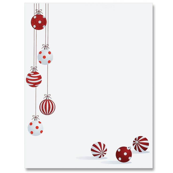 a christmas card with red and white ornaments hanging from it's sides, on a white background