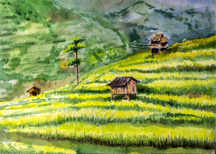 a painting of some houses on a green hill