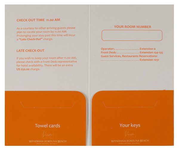 two orange and white cards with the words towel keys on them