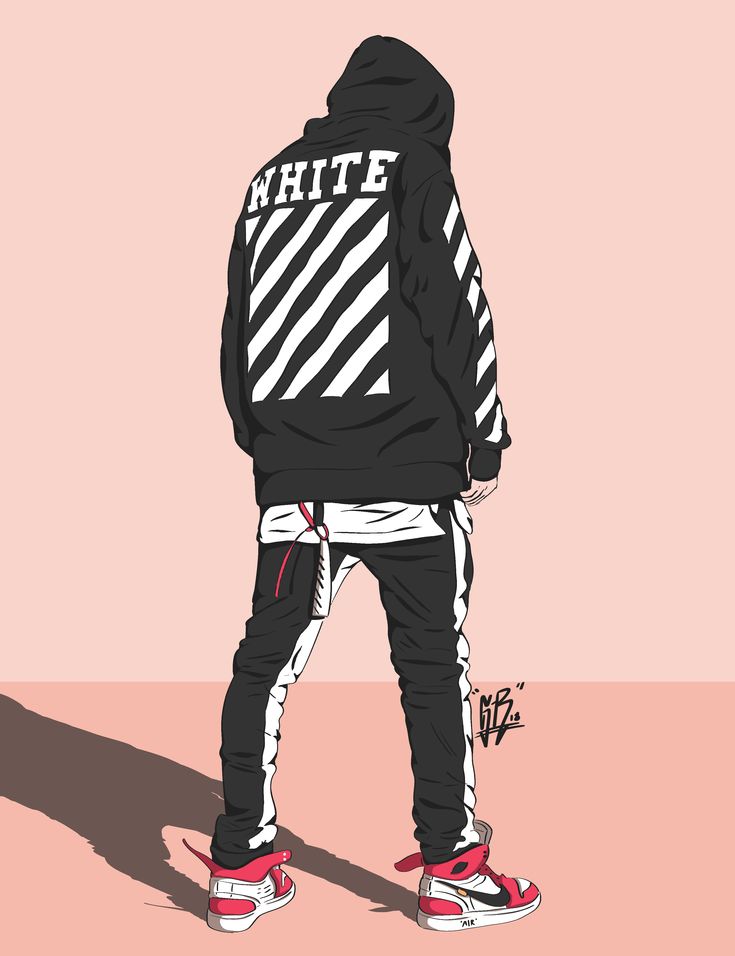 a drawing of a person wearing a black and white hoodie with the word white on it