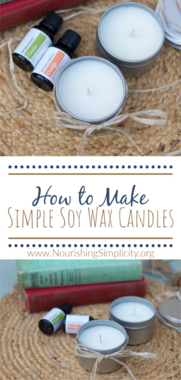 some candles sitting on top of a table with the words how to make simple soy wax candles