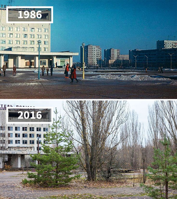 two pictures of people walking in front of an abandoned building