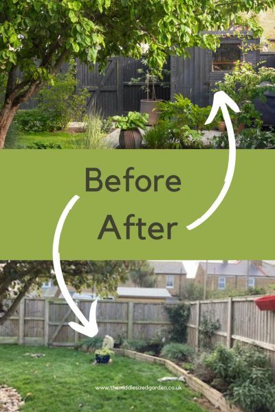 the before and after pictures of a backyard garden with grass, trees, and bushes