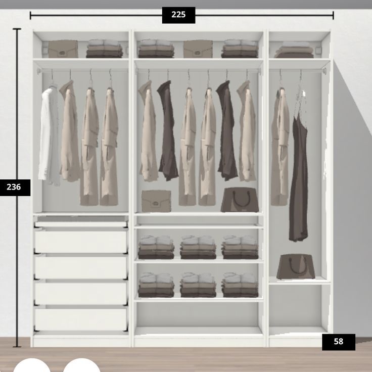 the measurements of an organized closet with clothes and shoes on it's shelfs