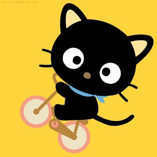 a black cat riding a pink bike on a yellow background