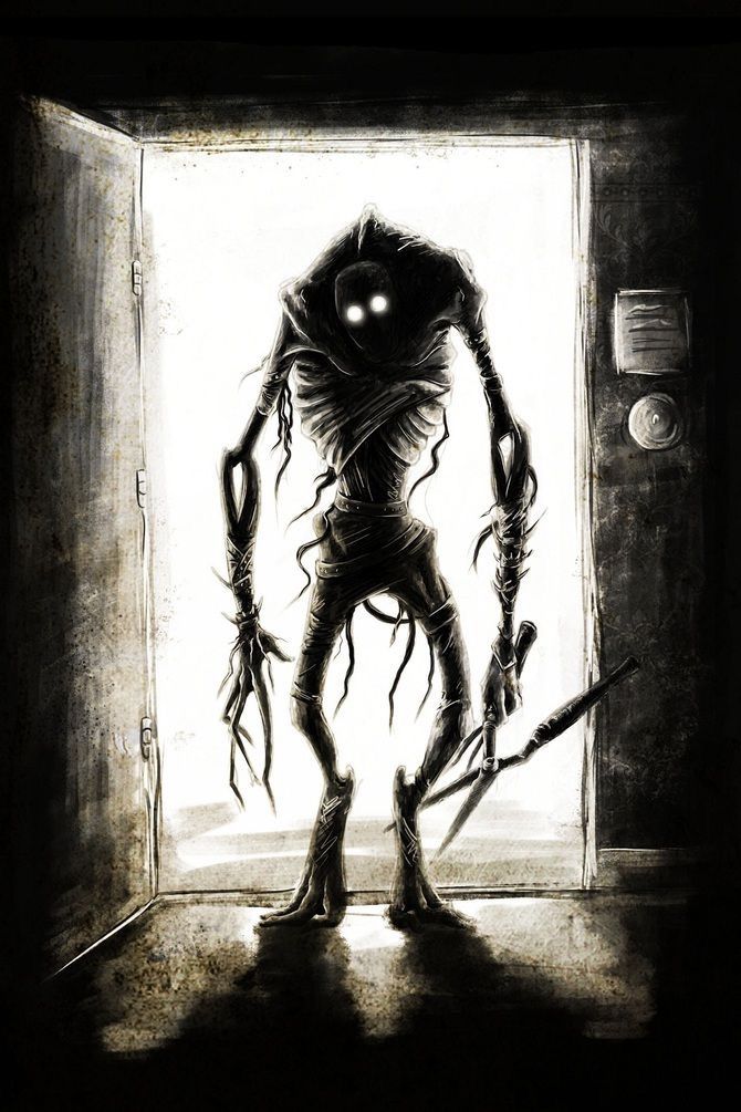 a drawing of a creepy creature holding two knives in front of an open door with light coming through