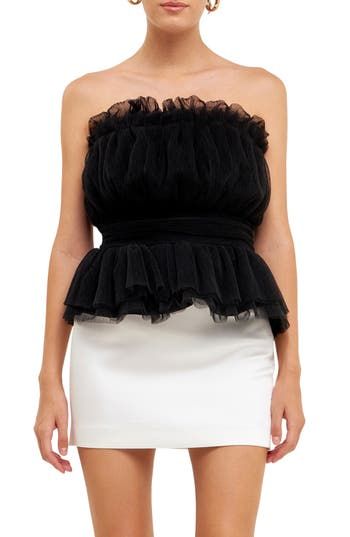 Wispy tulle and soft texture marry on this shoulder-baring top designed with a banded waist and a flouncy peplum. Back zip closure Strapless Lined 100% polyester Hand wash, dry flat Imported Elegant Sheer Bodice Mesh Top For Party, Elegant Mesh Top With Sheer Bodice For Party, Fitted Ruffled Peplum Top For Night Out, Fitted Ruffled Peplum Top For Party, Fitted Peplum Top With Ruffles For Party, Feminine Peplum Top For Party, Party Peplum Top With Ruffles, Chic Organza Tops For Evening, Summer Evening Fitted Peplum Top