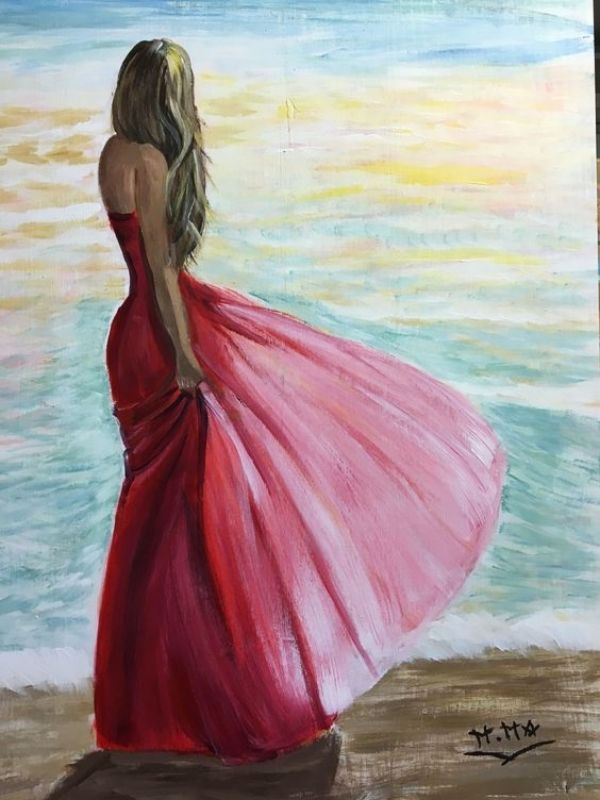 a painting of a woman in a red dress looking out at the ocean with her back to the camera