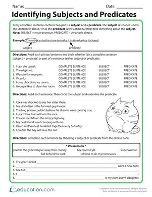 Identifying Subjects And Predicates Worksheet