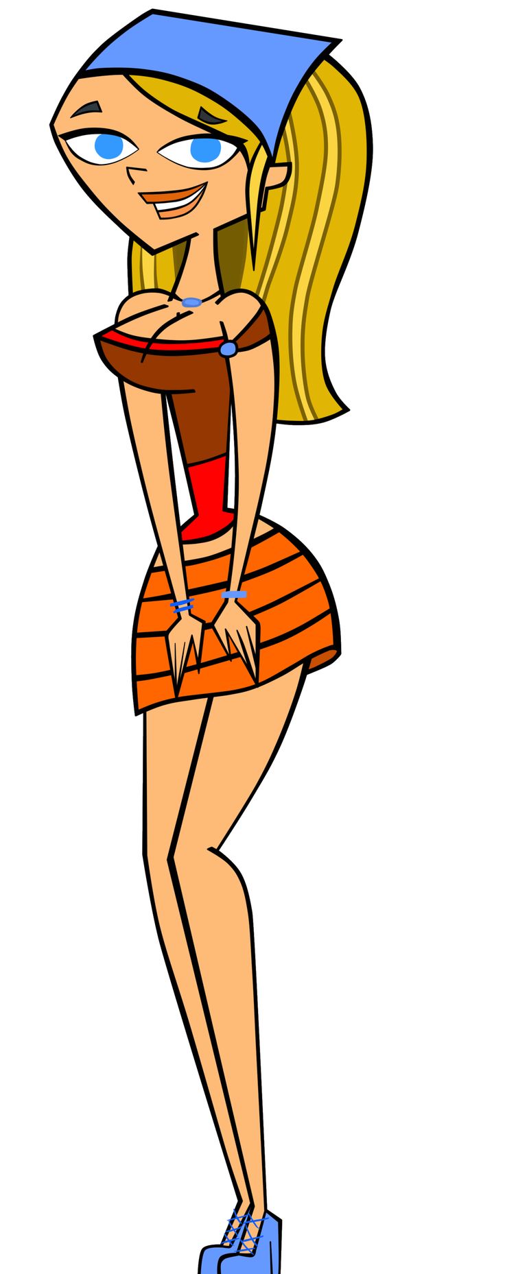 a cartoon girl with blonde hair wearing blue shoes and a red dress is standing in front of the camera