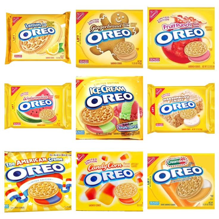 six packets of oreo cereal are shown in different positions and flavors, with the same flavor