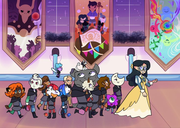 several cartoon characters standing in front of an art gallery