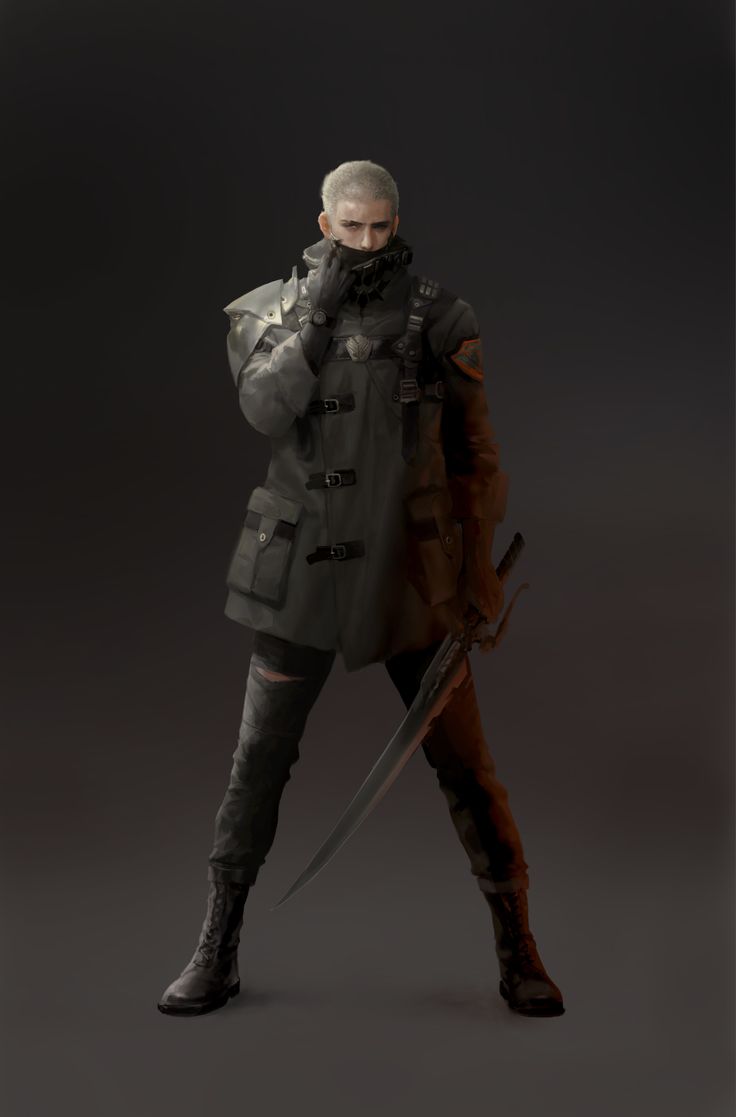 a woman in a trench coat holding two swords