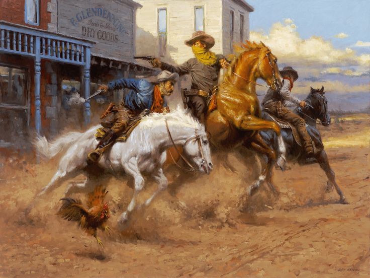 a painting of cowboys riding horses in front of a building