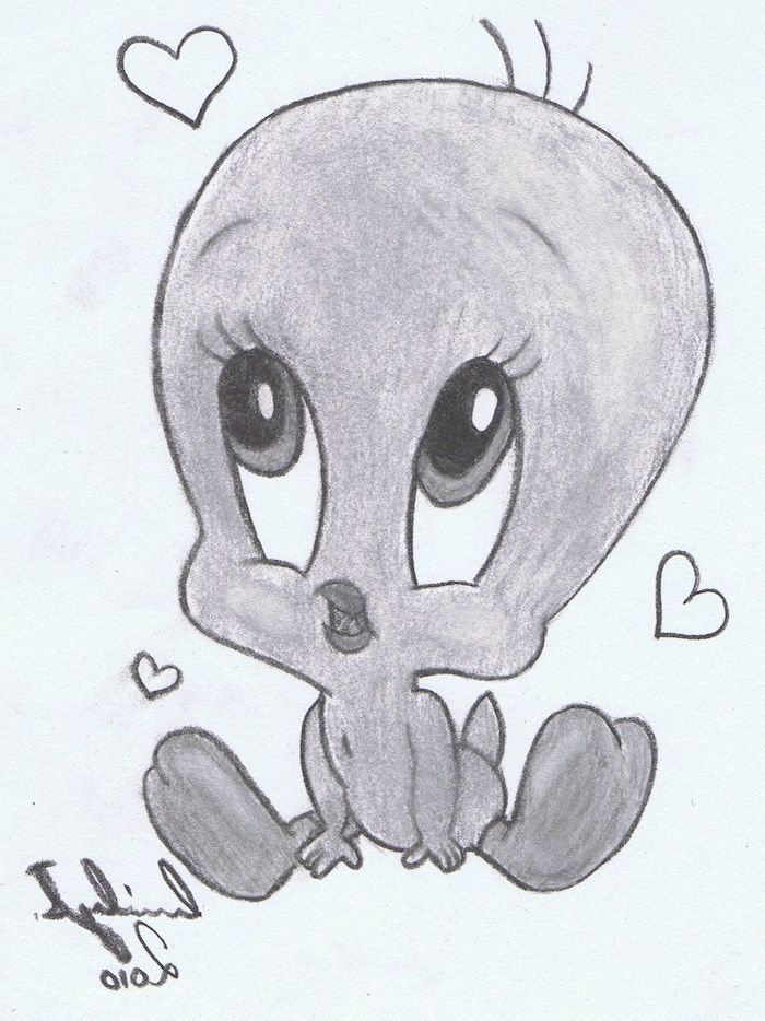 a drawing of a little bird with big eyes