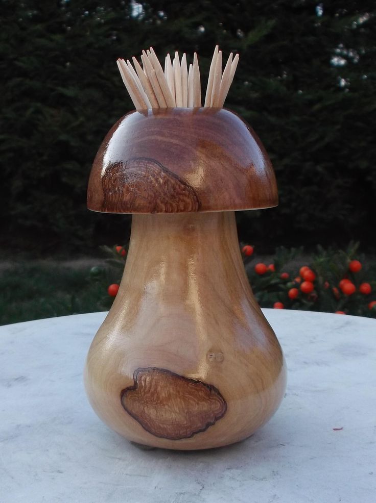 an image of a wooden vase with mushrooms on it's head and the words, wood