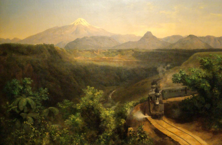 an oil painting of a train going down the tracks with mountains and trees in the background