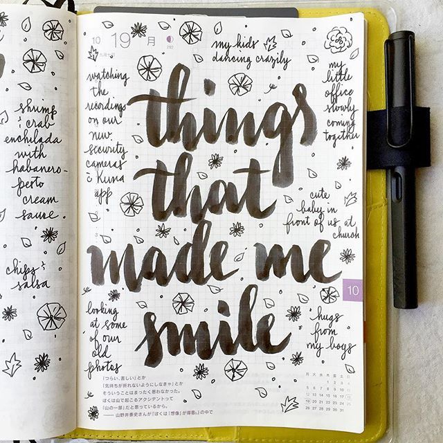 Things that made me smile last week  #lifecapturedproject #journal #artjournal #hobonichi #planner #diary #notebook #filofax #mtn #midori #travelersnotebook #midoritravelersnotebook #scrapbooking #stationery #pens #doodles #doodling #type #typography #letters #lettering #handwriting #handlettering #calligraphy #moderncalligraphy #brushpens #brushlettering Love Journal Ideas, Hobonichi Planner, Wreck This Journal, Love Journal, Diary Ideas, Bullet Journal Writing, Bullet Journal Inspo, Favorite Movie, Journals & Planners