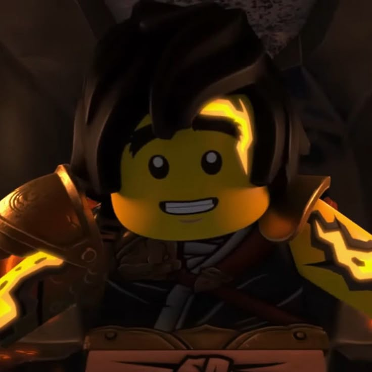 the lego movie character is smiling and holding his arm up in front of him with glowing eyes