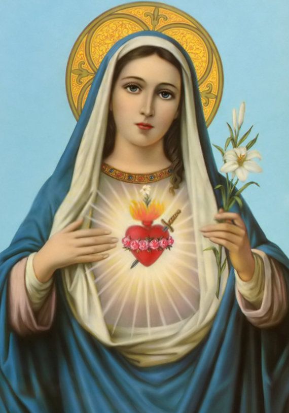 the immaculate mary holding a heart and flowers in her hands with an american flag background